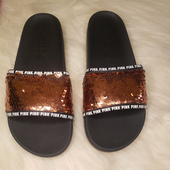 PINK Victoria's Secret Shoes - 💞PINK Victoria’s Secret Rose Gold Bling Sequins Slides LARGE